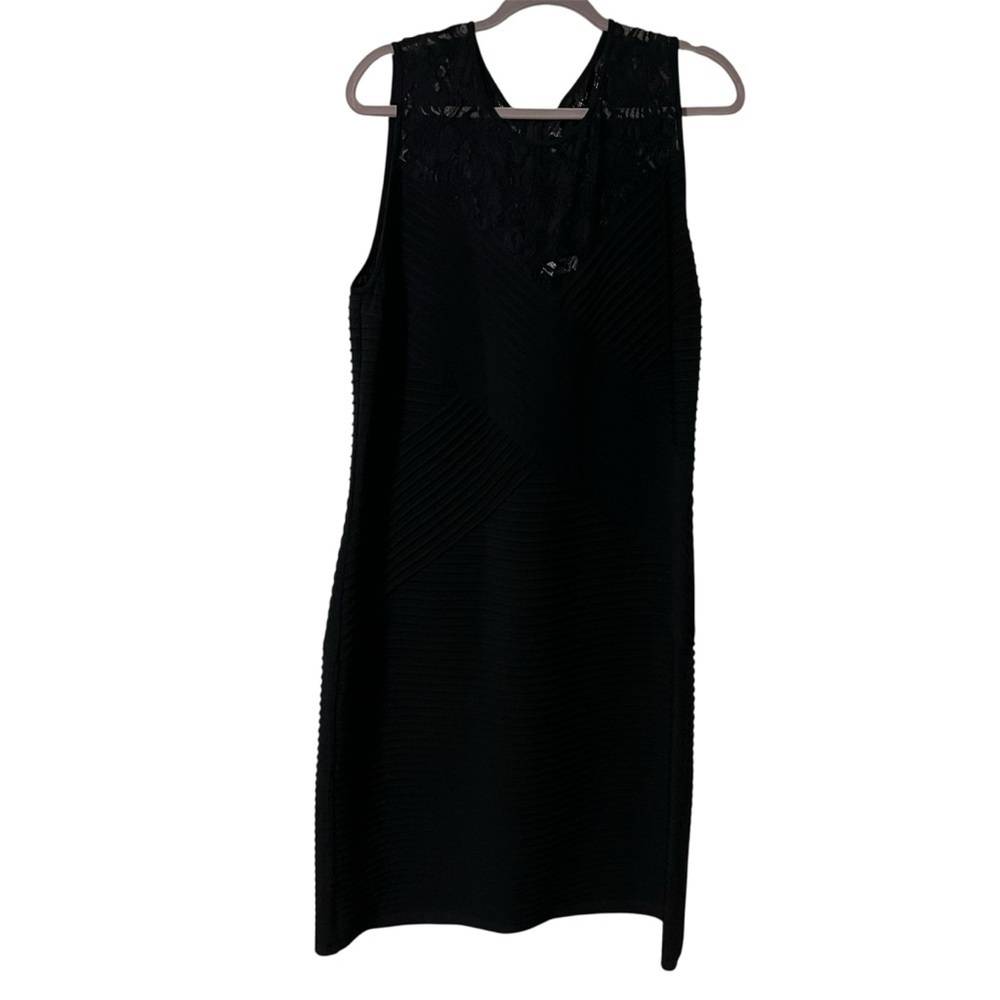 Plus size Lace top textured bandage Calvin Klein Black Sheath Midi Dress formal